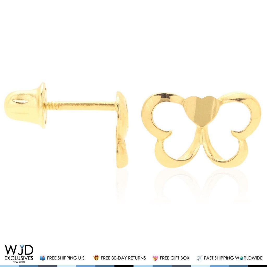 14K Solid Yellow Gold Heart Butterfly Baby Screw-back Stud Kid Earrings
