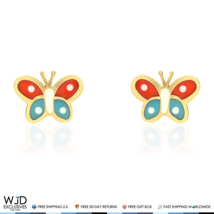 Kids 14K Yellow Gold Orange & Blue Enamel Butterfly Screw Back Stud Earrings