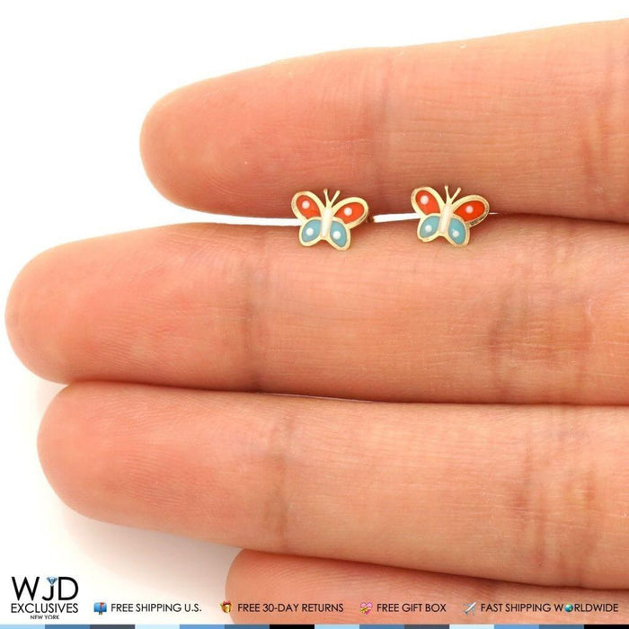 Kids 14K Yellow Gold Orange & Blue Enamel Butterfly Screw Back Stud Earrings