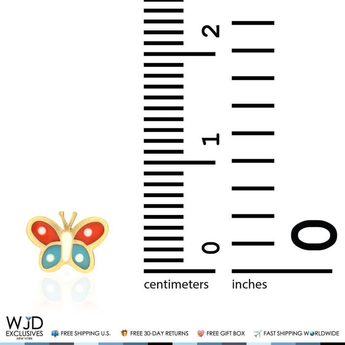 Kids 14K Yellow Gold Orange & Blue Enamel Butterfly Screw Back Stud Earrings
