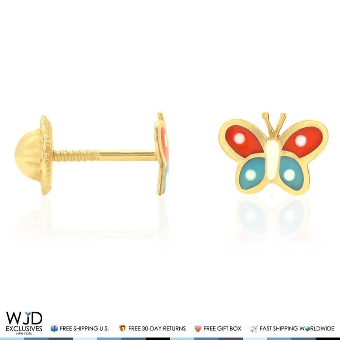 Kids 14K Yellow Gold Orange & Blue Enamel Butterfly Screw Back Stud Earrings