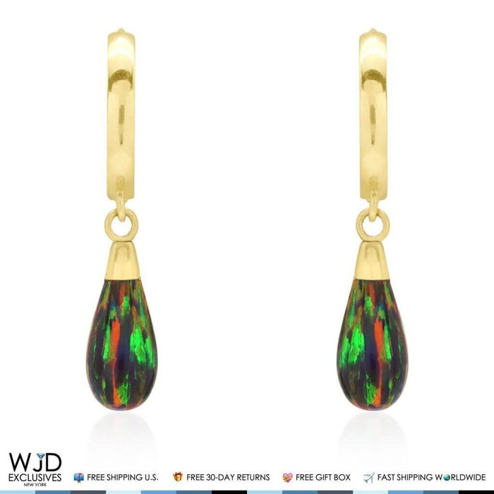 14K Yellow Gold Pear Shaped Black Fire Opal Huggie Hoop Dangle Earrings 1.06"