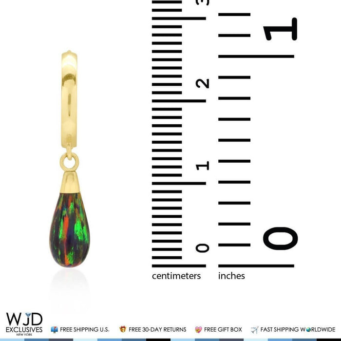 14K Yellow Gold Pear Shaped Black Fire Opal Huggie Hoop Dangle Earrings 1.06"