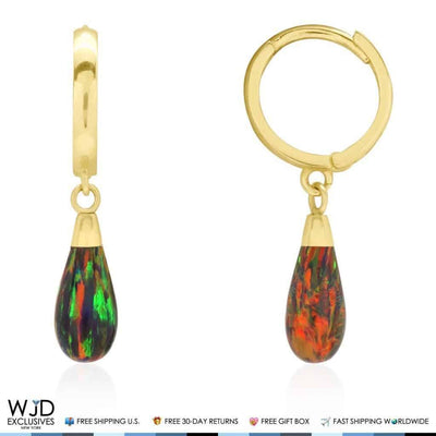 14K Yellow Gold Pear Shaped Black Fire Opal Huggie Hoop Dangle Earrings 1.06"