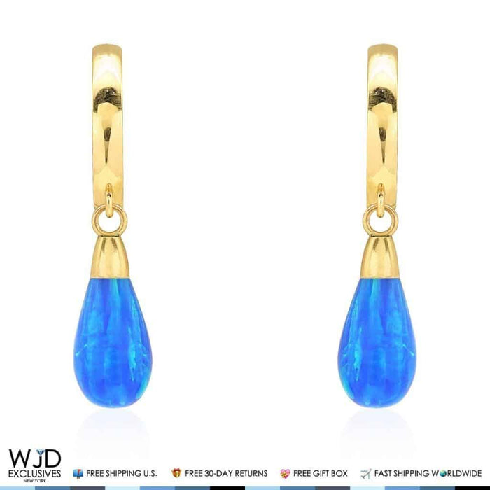 14K Yellow Gold Pear Shaped Blue Fire Opal Huggie Hoop Dangle Earrings 1"