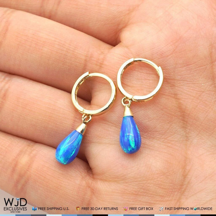 14K Yellow Gold Pear Shaped Blue Fire Opal Huggie Hoop Dangle Earrings 1"
