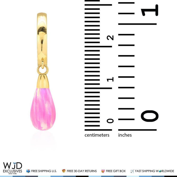 14K Yellow Gold Pear Shaped Pink Fire Opal Huggie Hoop Dangle Earrings 1"
