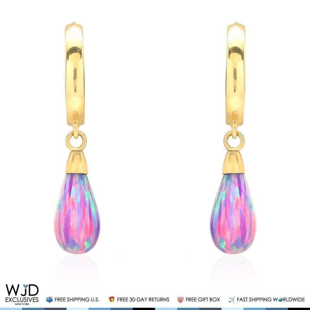 14K Yellow Gold Pear Shaped Purple Fire Opal Huggie Hoop Dangle Earrings