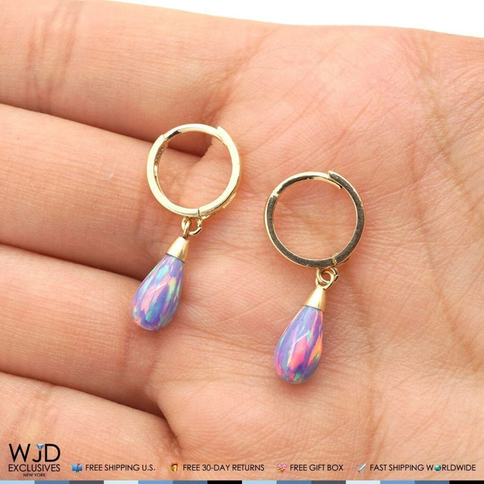 14K Yellow Gold Pear Shaped Purple Fire Opal Huggie Hoop Dangle Earrings