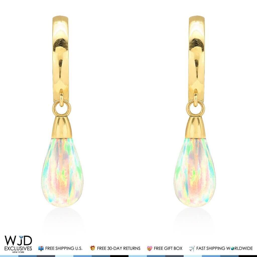14K Yellow Gold Pear Shaped White Fire Opal Huggie Hoop Dangle Earrings 1"