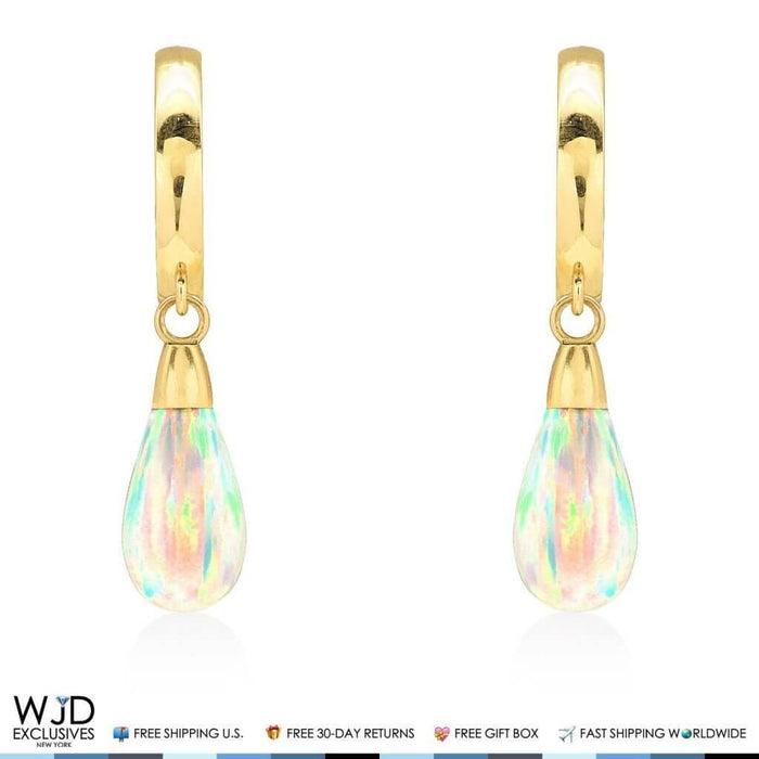 14K Yellow Gold Pear Shaped White Fire Opal Huggie Hoop Dangle Earrings 1"