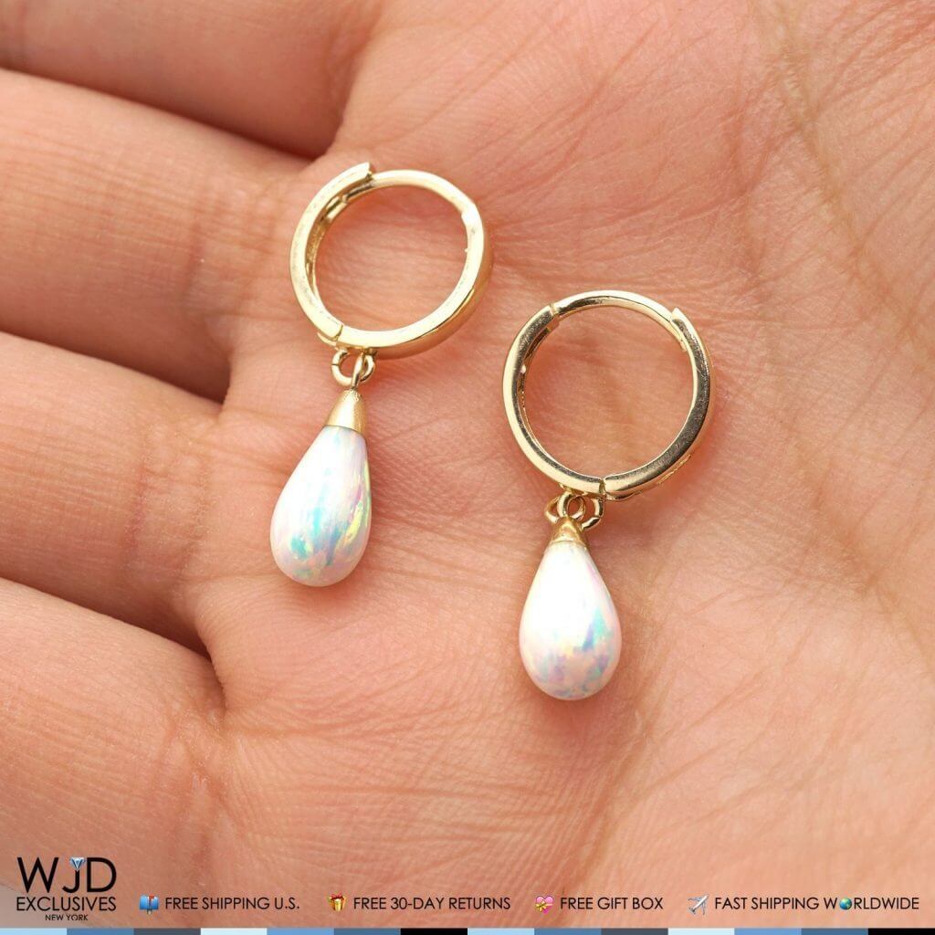 14K Yellow Gold Pear Shaped White Fire Opal Huggie Hoop Dangle Earrings 1"