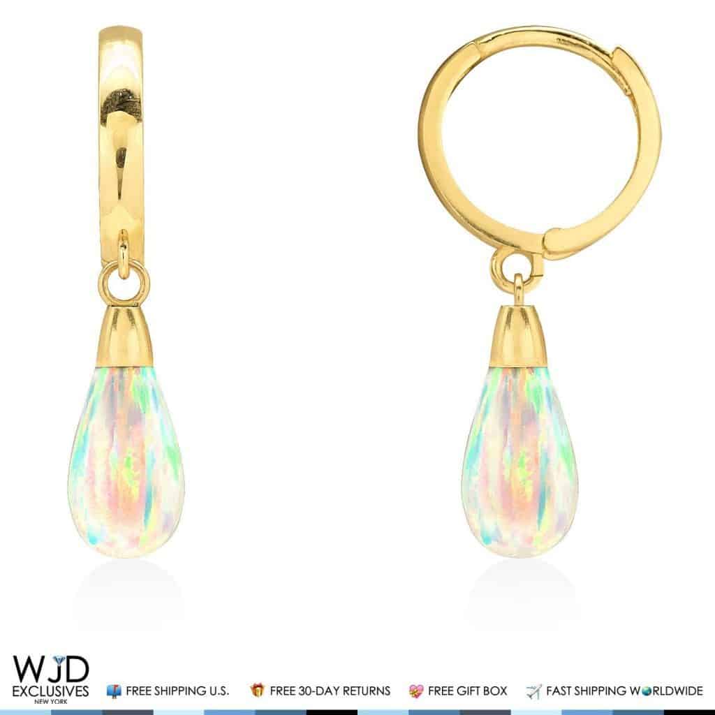 14K Yellow Gold Pear Shaped White Fire Opal Huggie Hoop Dangle Earrings 1"