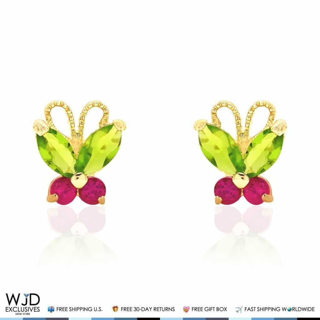 Kids 14K Gold Simulated Peridot Ruby Butterfly Baby Screwback Stud Earrings