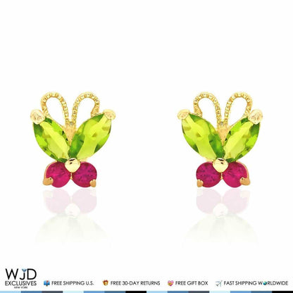 Kids 14K Gold Simulated Peridot Ruby Butterfly Baby Screwback Stud Earrings
