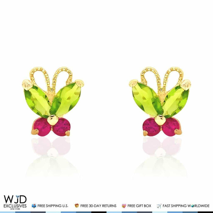 Kids 14K Gold Simulated Peridot Ruby Butterfly Baby Screw Back Stud Earrings
