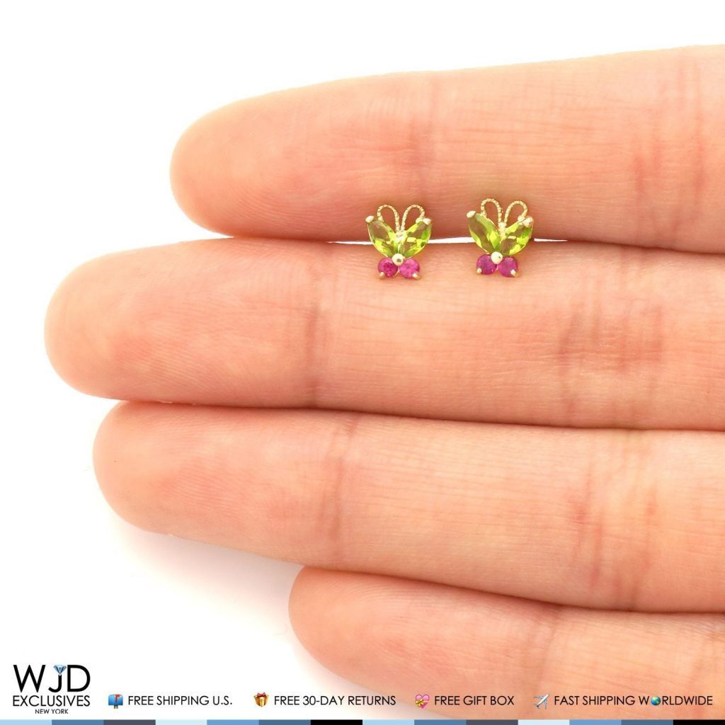 Kids 14K Gold Simulated Peridot Ruby Butterfly Baby Screwback Stud Earrings