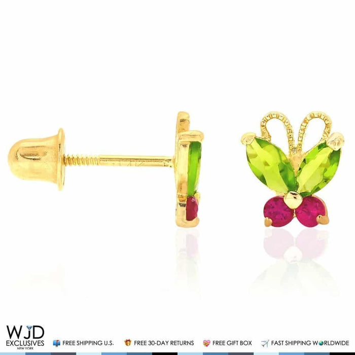 Kids 14K Gold Simulated Peridot Ruby Butterfly Baby Screw Back Stud Earrings