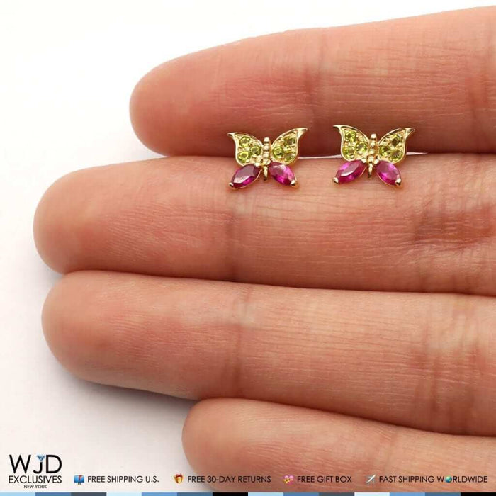 14K Yellow Gold Simulated Peridot & Ruby Butterfly Screw Back Stud Kids Earrings