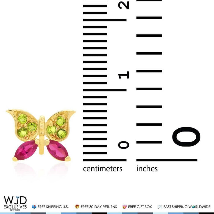 14K Yellow Gold Simulated Peridot & Ruby Butterfly Screw Back Stud Kids Earrings