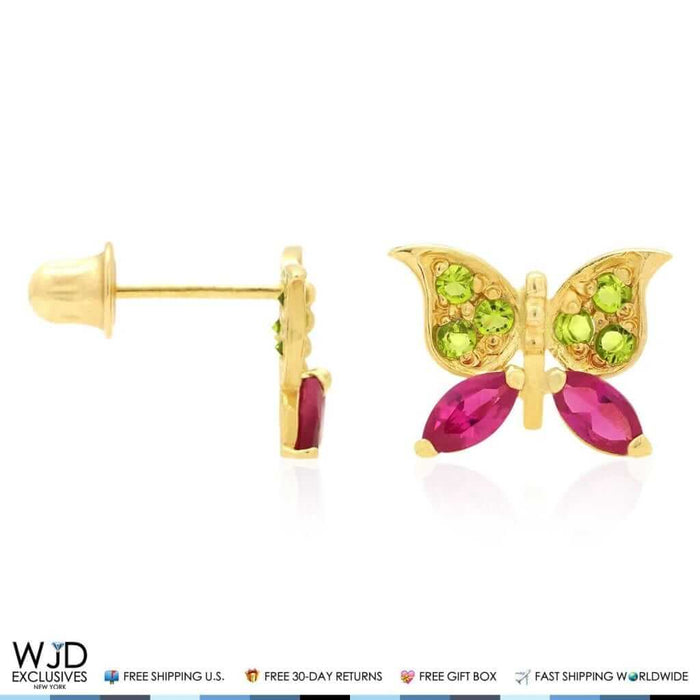 14K Yellow Gold Simulated Peridot & Ruby Butterfly Screw Back Stud Kids Earrings
