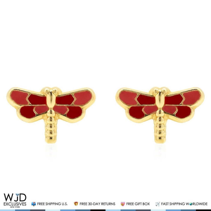 14K Yellow Gold Pink & Red Enamel Dragonfly Screw Back Stud Earrings