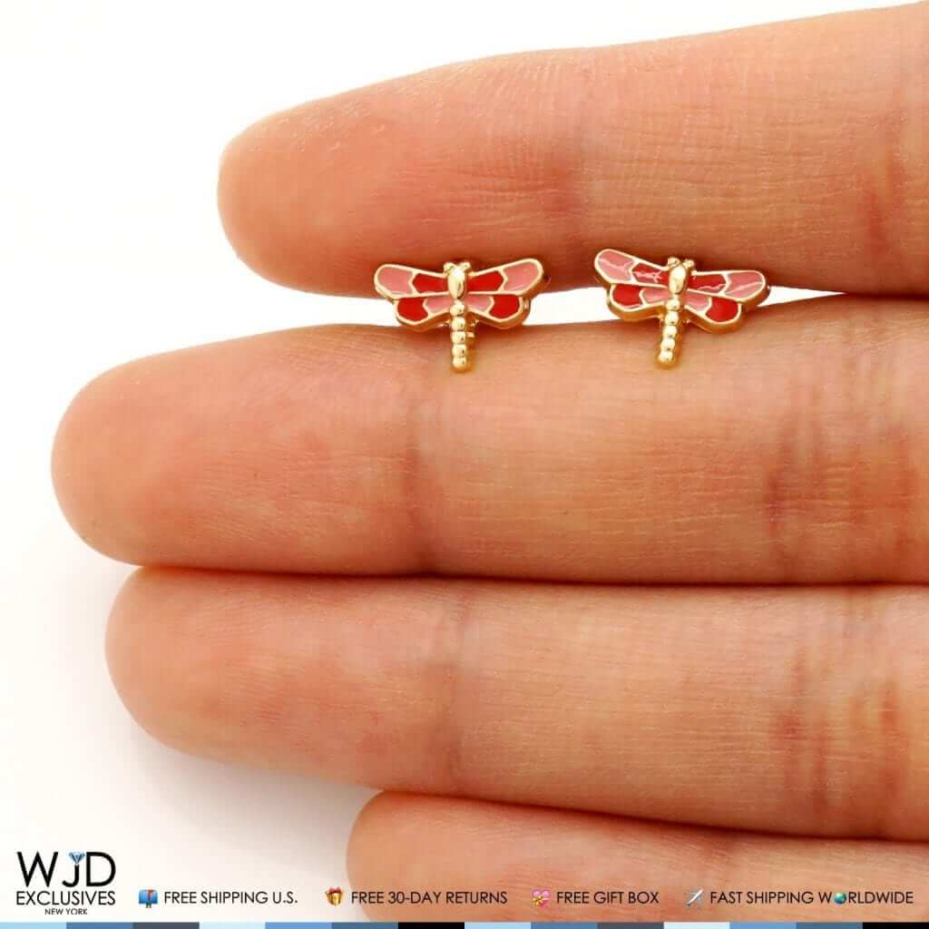 14K Yellow Gold Pink & Red Enamel Dragonfly Screw Back Stud Earrings