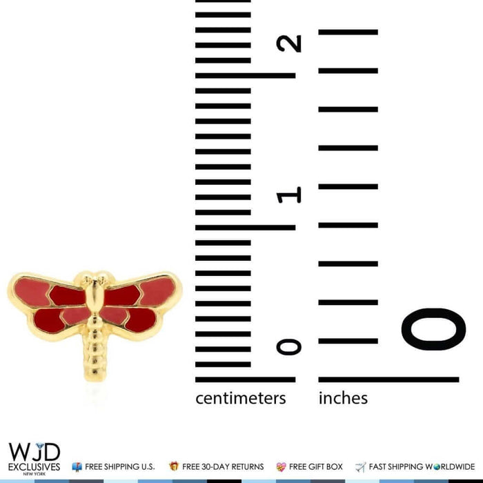 14K Yellow Gold Pink & Red Enamel Dragonfly Screw Back Stud Earrings