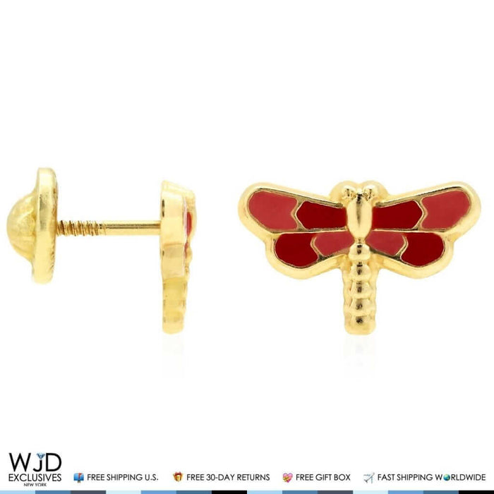 14K Yellow Gold Pink & Red Enamel Dragonfly Screw Back Stud Earrings