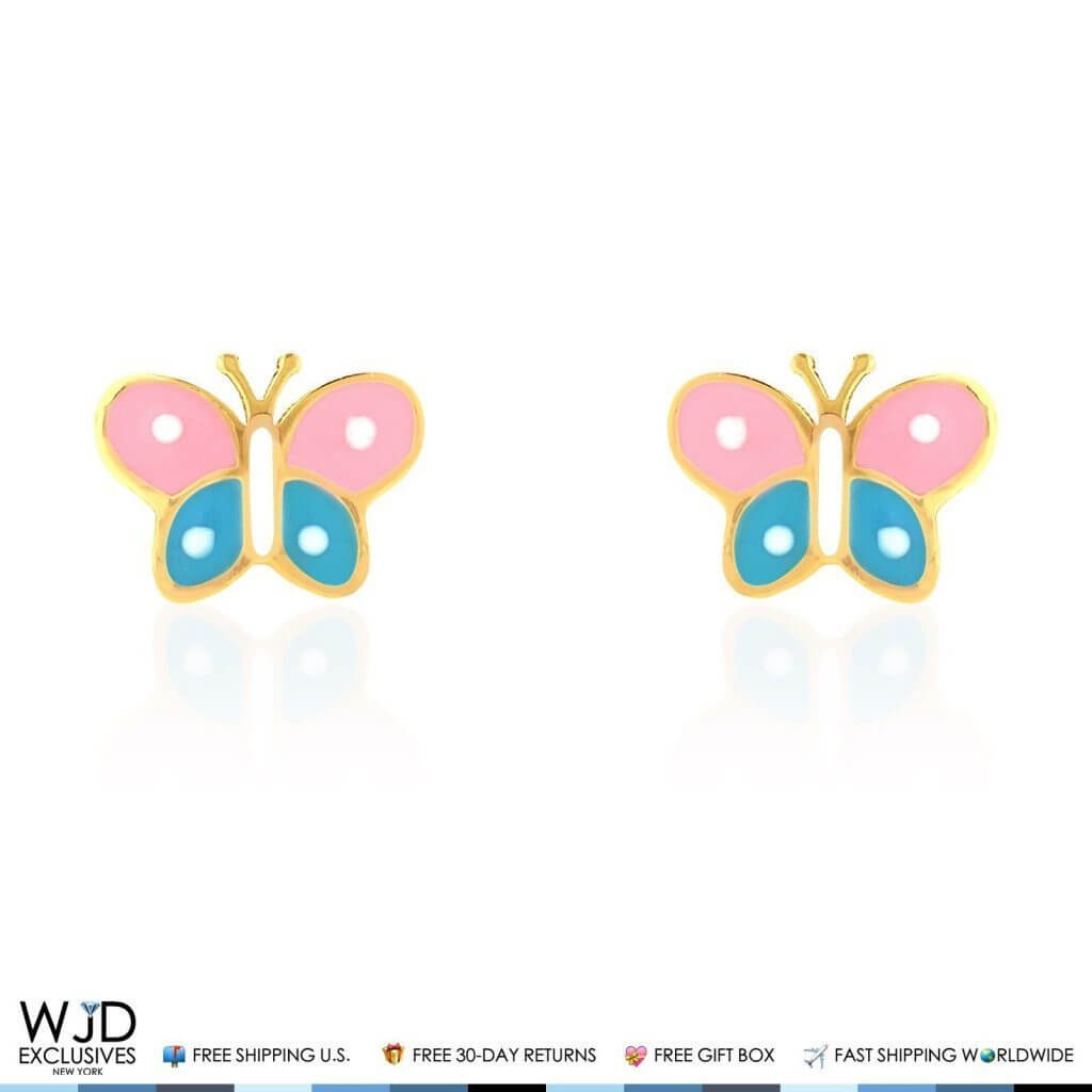 Kids 14K Yellow Gold Pink & Blue Enamel Butterfly Screw Back Stud Earrings