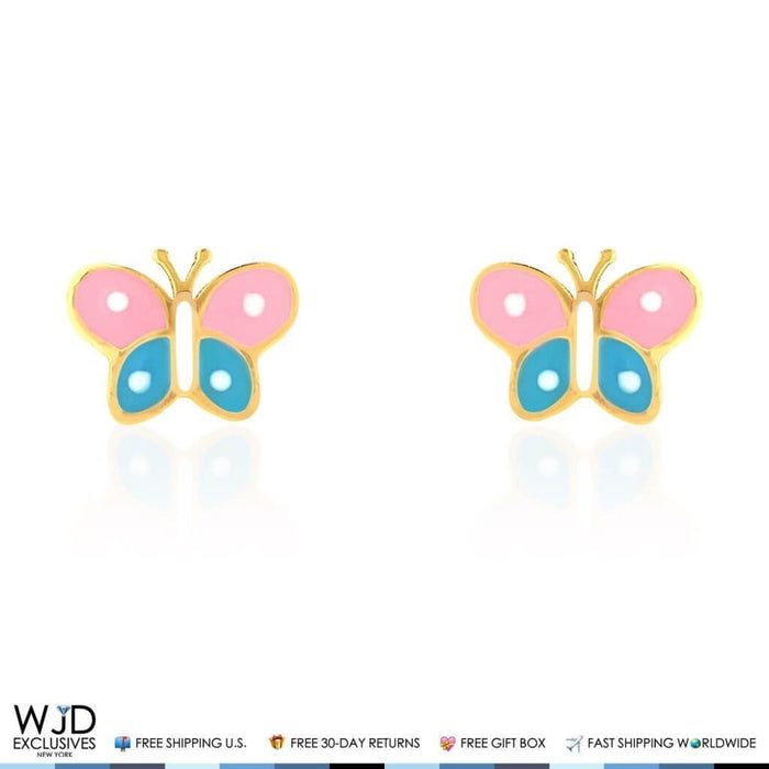 Kids 14K Yellow Gold Pink & Blue Enamel Butterfly Screw Back Stud Earrings