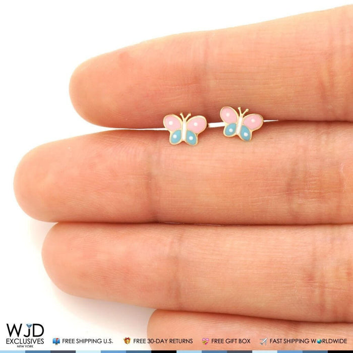 Kids 14K Yellow Gold Pink & Blue Enamel Butterfly Screw Back Stud Earrings