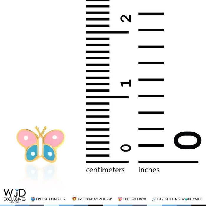 Kids 14K Yellow Gold Pink & Blue Enamel Butterfly Screw Back Stud Earrings