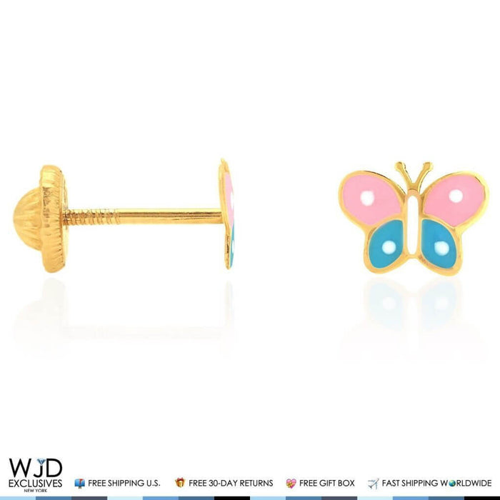 Kids 14K Yellow Gold Pink & Blue Enamel Butterfly Screw Back Stud Earrings