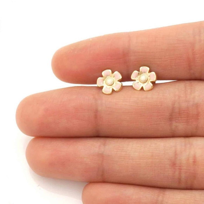 Kids 14K Gold White Pink Blue Green Red Purple Yellow Flower Stud Earrings