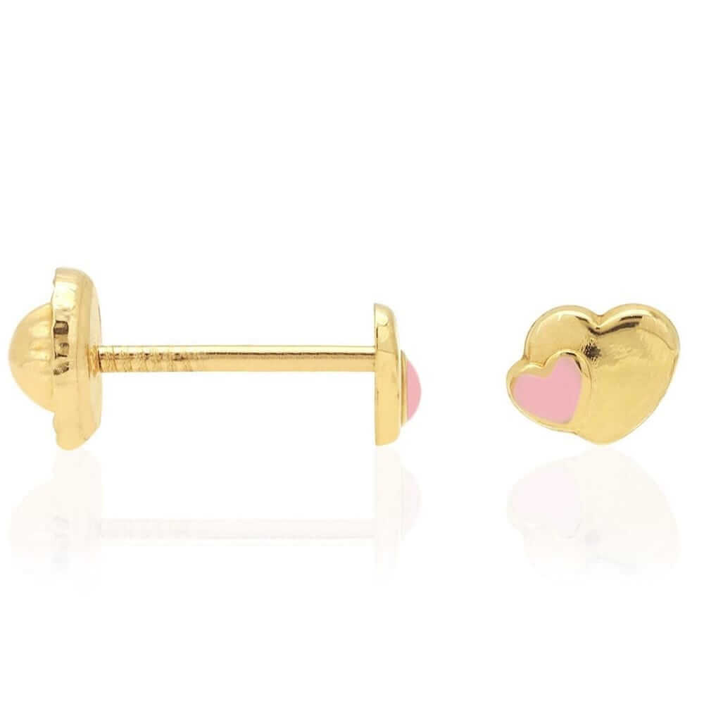 14K Yellow Gold Pink Enamel Heart Screw Back Stud Kid Earrings