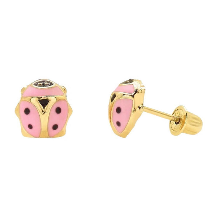 14K Yellow Gold Pink Enamel Ladybug Screw Back Stud Earrings 7mm