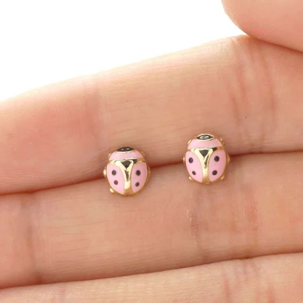 14K Yellow Gold Pink Enamel Ladybug Screw Back Stud Earrings 7mm