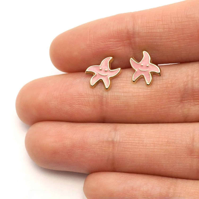 Kids 14K Yellow Gold Blue Pink Red Green Enamel Starfish Stud Earrings