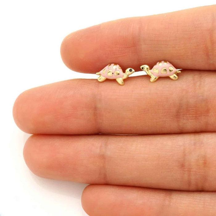 14K Yellow Gold Green Pink Red Blue Enamel Turtle Baby Screw Back Stud Earrings