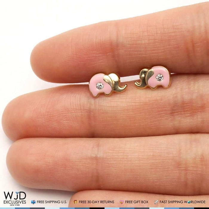 14K Yellow Gold Enamel CZ Elephant Screw Back Stud Earrings