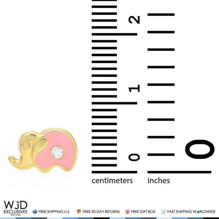 14K Yellow Gold Enamel CZ Elephant Screw Back Stud Earrings