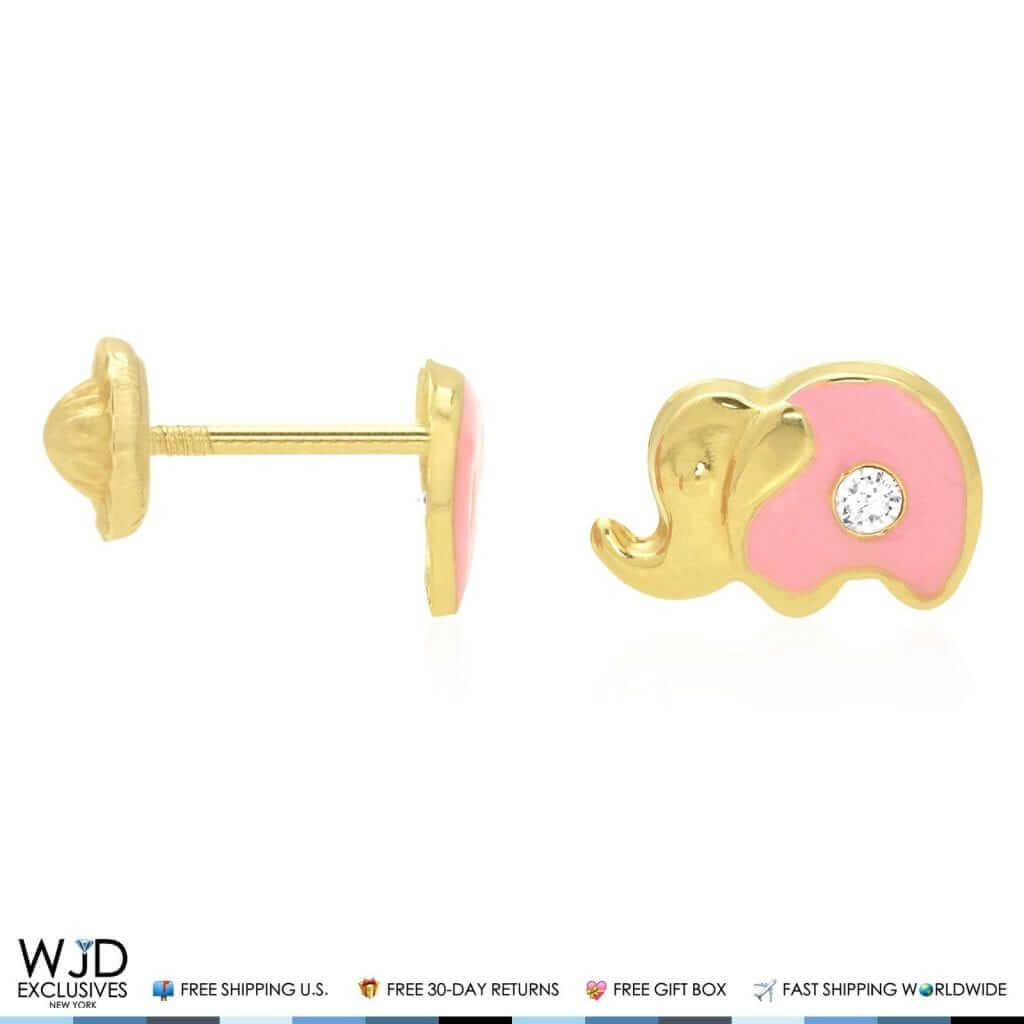 14K Yellow Gold Enamel CZ Elephant Screw Back Stud Earrings