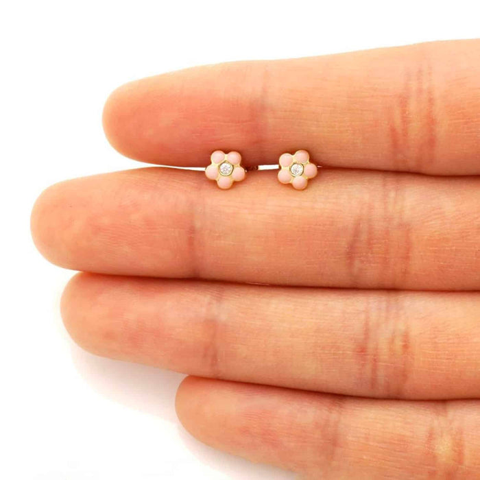 Kids 14K Gold Red Blue Green Pink Purple Yellow Zircon Flower Stud Earrings