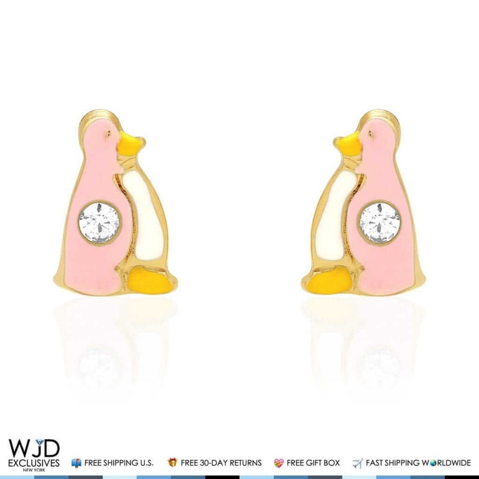 14K Yellow Gold Pink Enamel & Zircon Penguin Screw Back Stud Kids Earrings