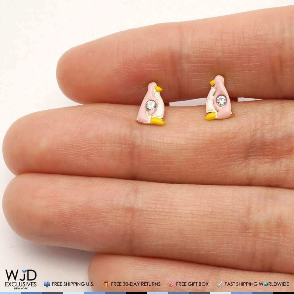 14K Yellow Gold Pink Enamel & Zircon Penguin Screw Back Stud Kids Earrings