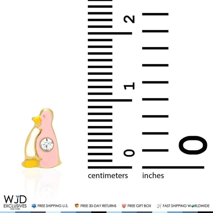 14K Yellow Gold Pink Enamel & Zircon Penguin Screw Back Stud Kids Earrings