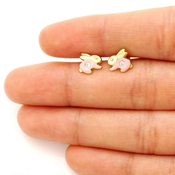 Kids 14K Gold CZ Enamel Rabbit Stud Earrings
