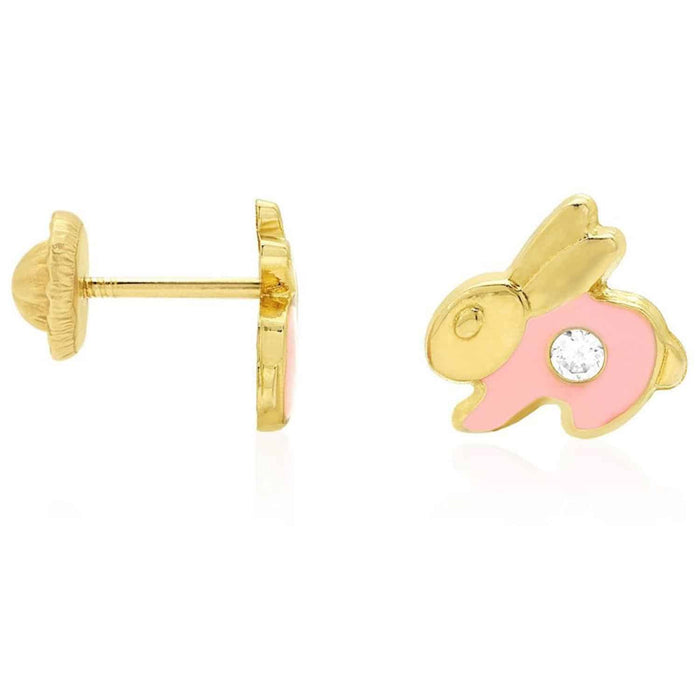 Kids 14K Gold CZ Enamel Rabbit Stud Earrings
