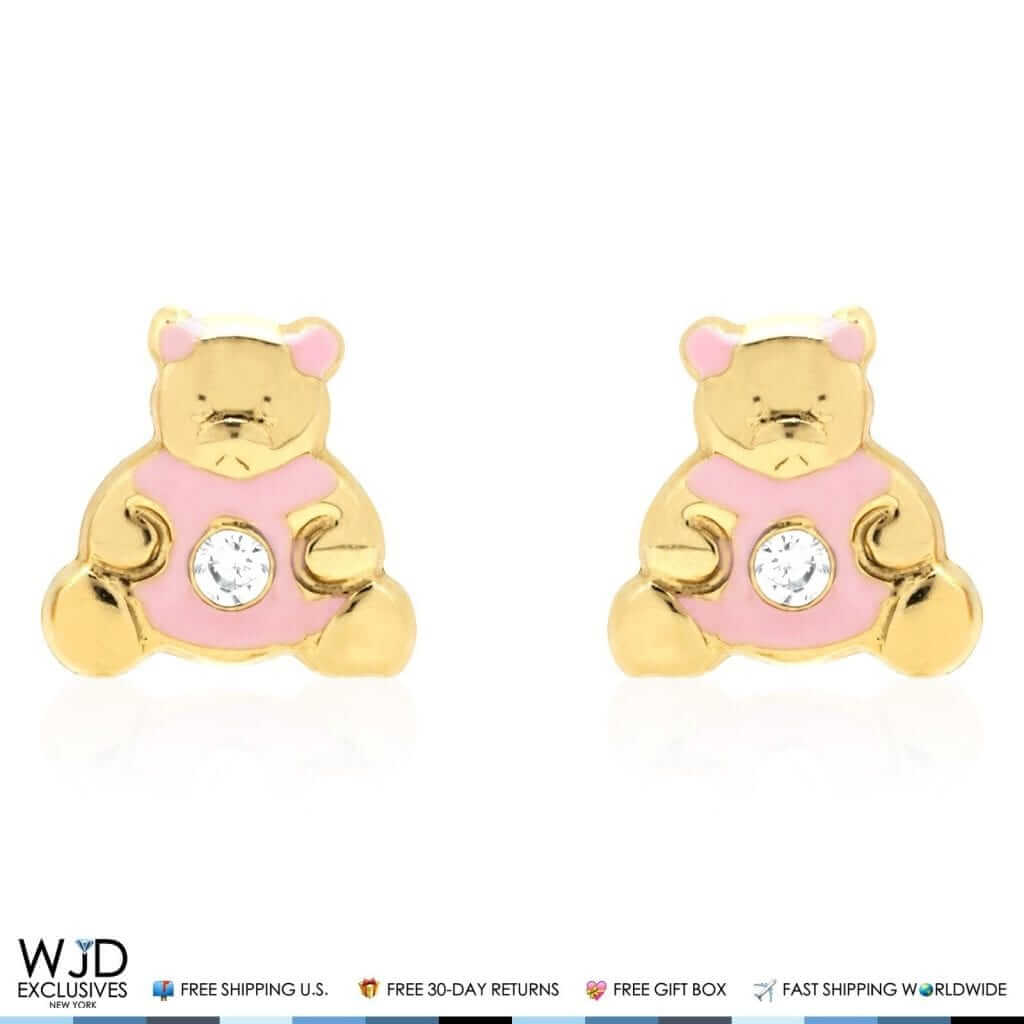 14K Gold Enamel CZ Teddy Bear Screw Back Stud Earrings